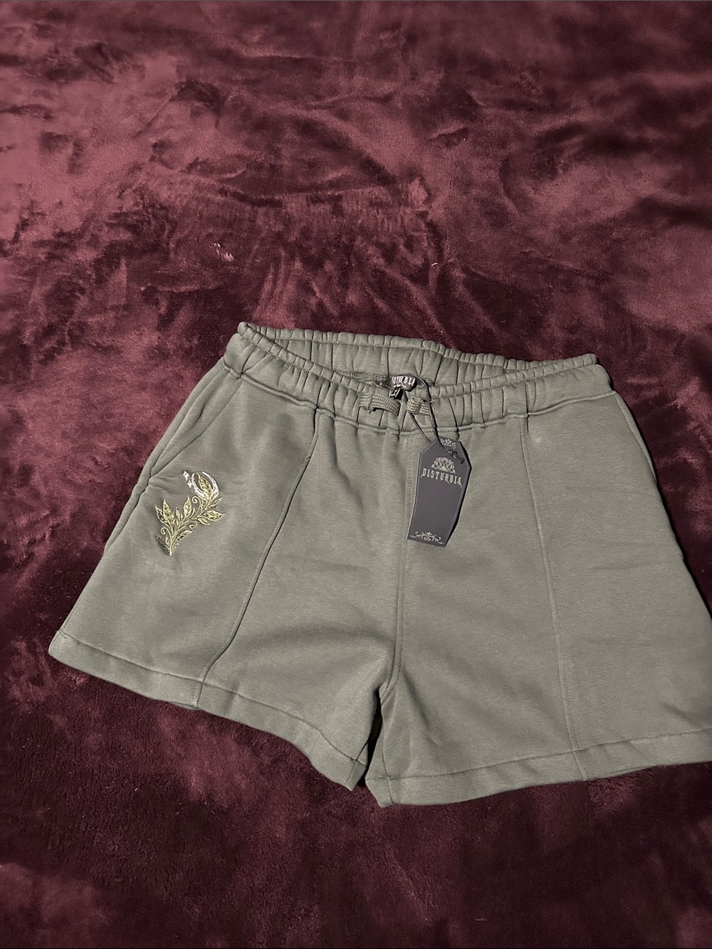 Disturbia Nirah Olive Green Embroidered Drawstring Cotton Shorts